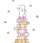 Cute bunny standing on books and reaching for the stars