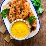 Baked Coconut Chicken Tenders Served with Mango Mustard Dipping Sauce